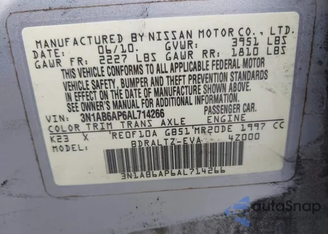 2010 Nissan Sentra 2.0Sr z USA, uszkodzony, nr VIN 3N1AB6AP6AL714266